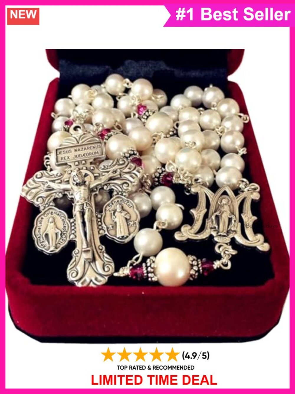 Handmade Pearl Lasso Necklace Silver Bead Cap Wedding Rosary Cross